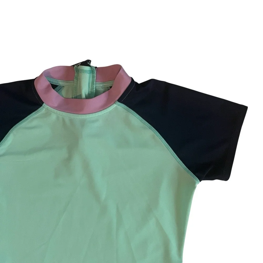 Eddie Bauer Girls Size M 10/12 Rashguard Sea Green Navy Purple Short Sleeve